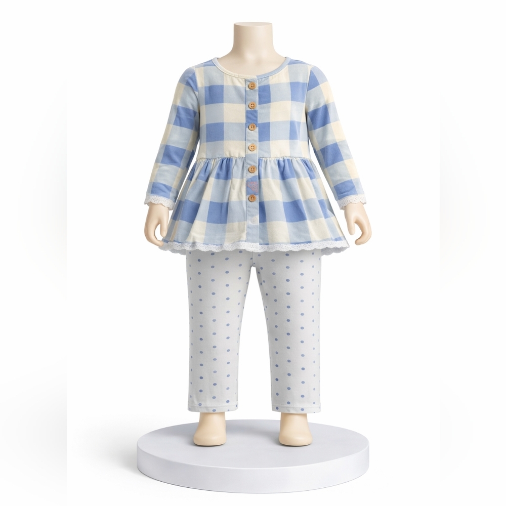 Blue & Cream Plaid Top and Polka Dot Leggings - Kids Shirt Set